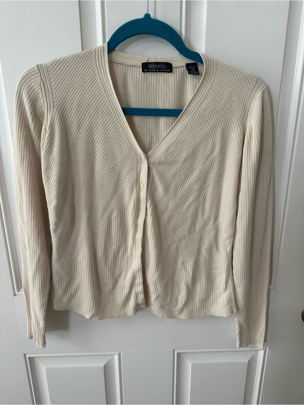 Lord & Taylor Cream Ribbed V-Neck Button-Front Cardigan